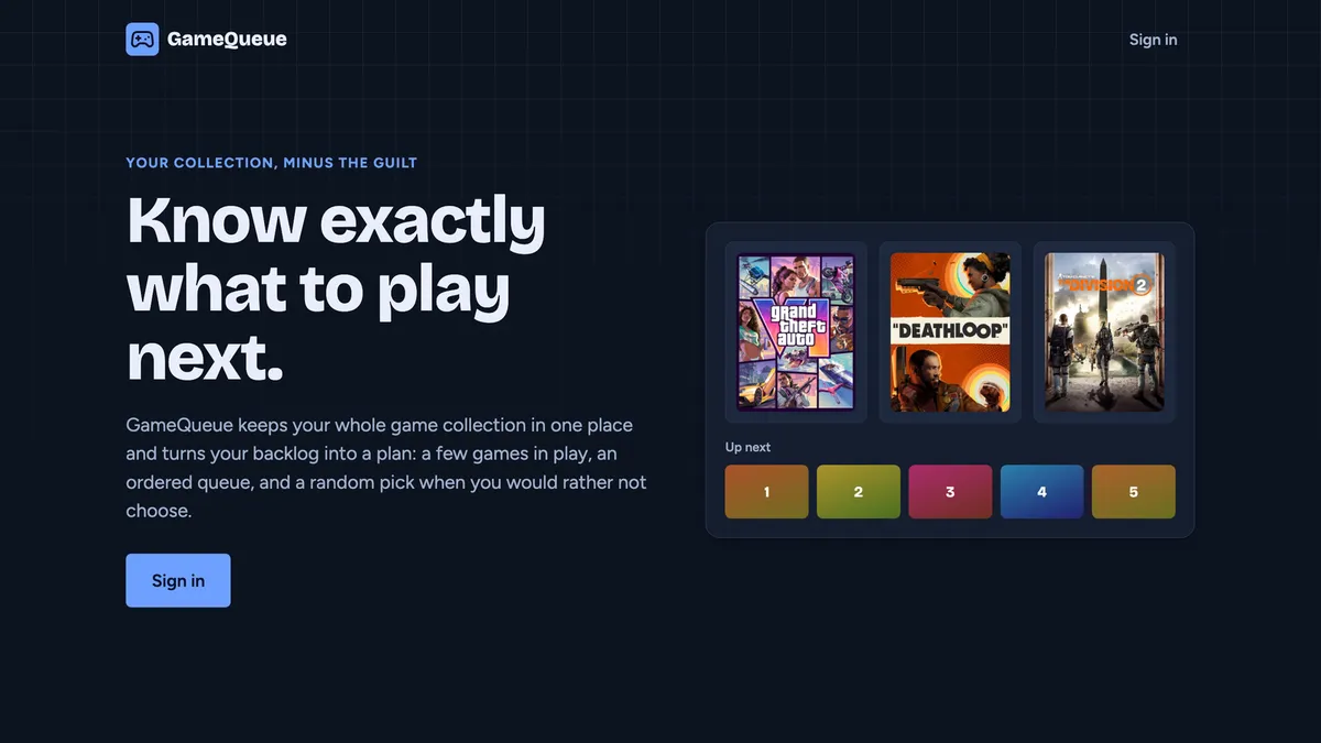 GameQueue landing page showing game cover art and a numbered Up next queue