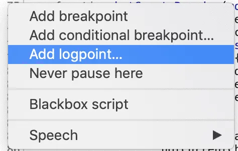 Chrome DevTools line-number context menu with “Add logpoint…” highlighted