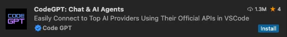 The CodeGPT: Chat & AI Agents extension in the Visual Studio Code marketplace, with an Install button