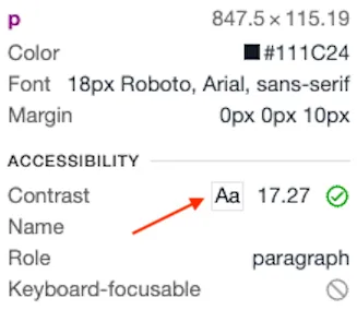 Chrome DevTools inspect tooltip for a paragraph, showing a contrast ratio of 17.27 with a passing check mark