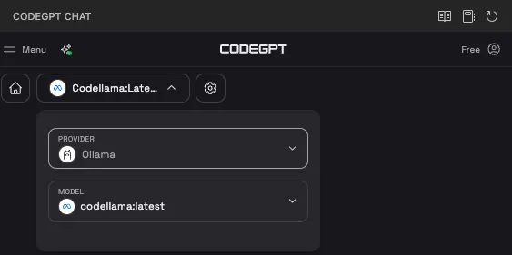 CodeGPT chat settings with Ollama selected as the provider and codellama:latest as the model