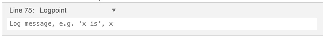The logpoint editor for line 75, with a log message field reading “Log message, e.g. ‘x is’, x”