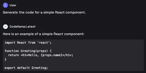 A CodeGPT chat where codellama is asked for a simple React component and replies with a Greeting component