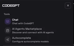 The CodeGPT menu listing Chat, AI Agents Marketplace, and Autocomplete tools