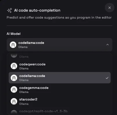 The AI code auto-completion model list with codellama:code selected from the Ollama models