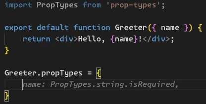 A Greeter React component in the editor with an AI-suggested propTypes line shown in grey